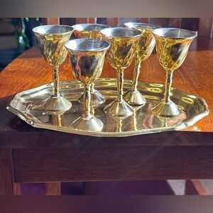 Vintage Brass Cordial Goblets & Tray Set Made in India Barware Decor